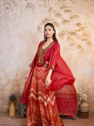 Red Indo Western Palazzo Set-3