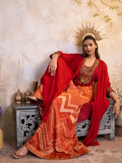 Red Indo Western Palazzo Set-5