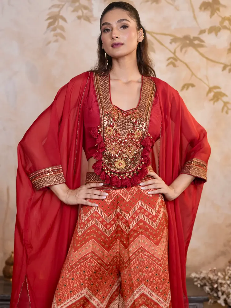 Red Indo Western Palazzo Set-4