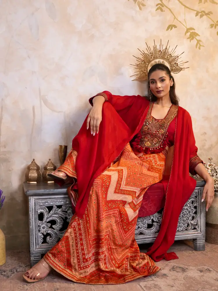 Rust Red Printed Silk Blend Crop Top Palazzo Set with Georgette Shrug - Image 6