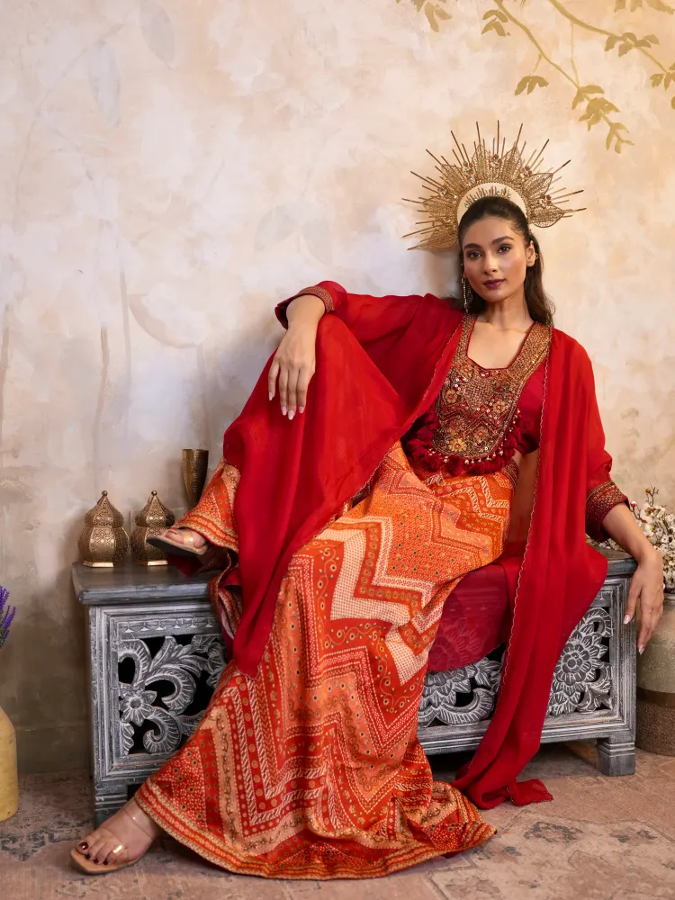 Red Indo Western Palazzo Set-5