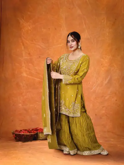 MUSTARD YELLOW ETHNIC KURTI GHARARA SET WITH DUPATTA - 1