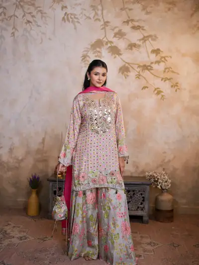 Pastel Silk Blend Mirror Work Kurta Sharara Set with Floral Dupatta & Potli - 1
