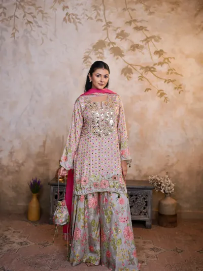Pastel Grey Floral Sharara Suit-0