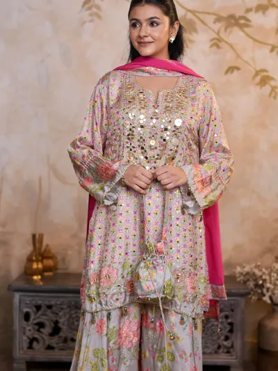 Pastel Grey Floral Sharara Suit-1
