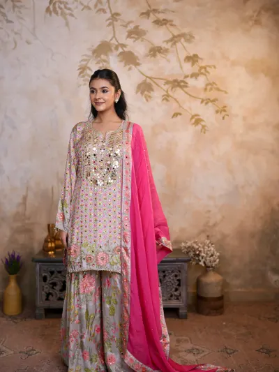 Pastel Grey Floral Sharara Suit-2