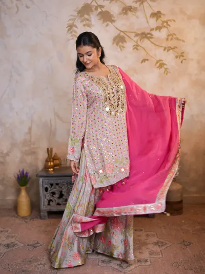 Pastel Grey Floral Sharara Suit-4