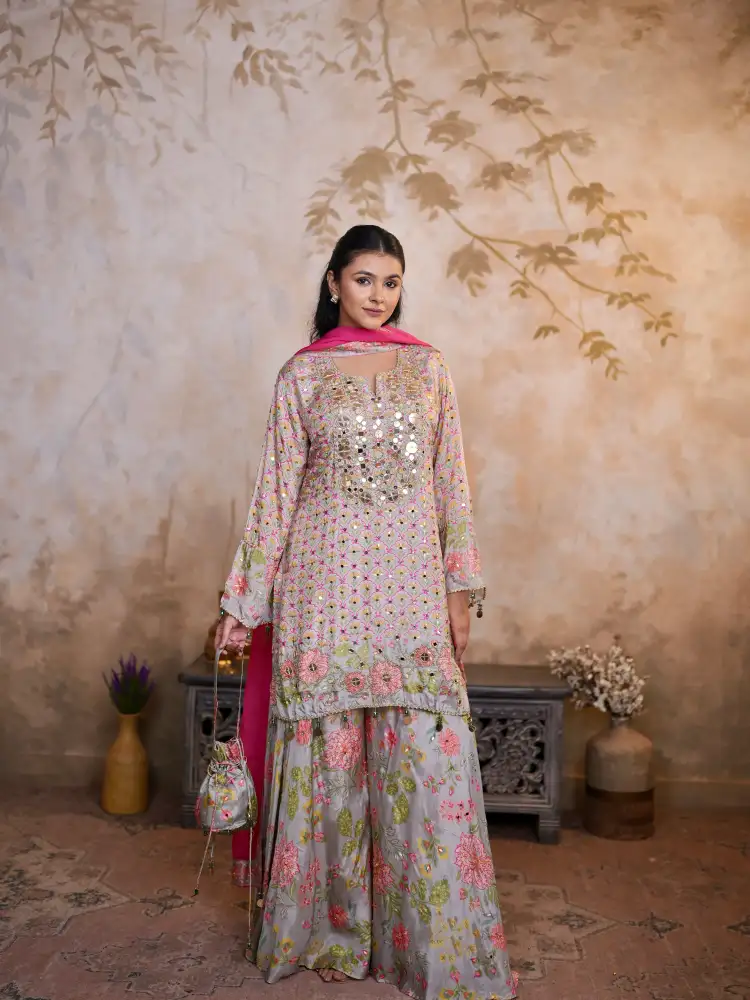 Pastel Silk Blend Mirror Work Kurta Sharara Set with Floral Dupatta & Potli - View 1