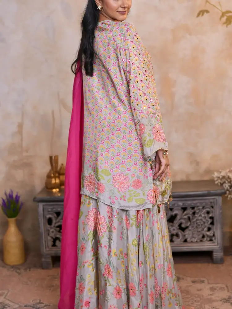Pastel Silk Blend Mirror Work Kurta Sharara Set with Floral Dupatta & Potli - Image 3