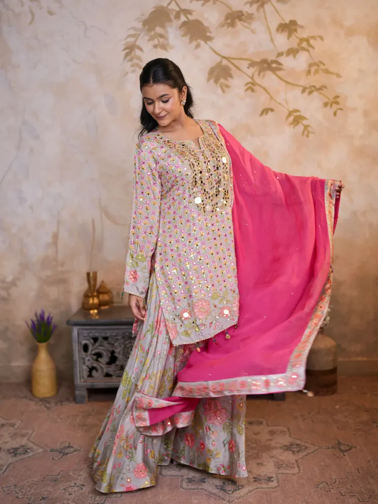 Pastel Grey Floral Sharara Suit-4