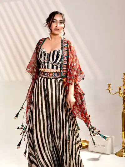 Black White Striped Indo-Western Set - 4