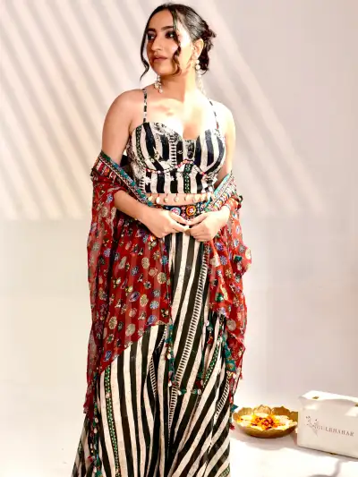 Black White Striped Indo-Western Set - 5