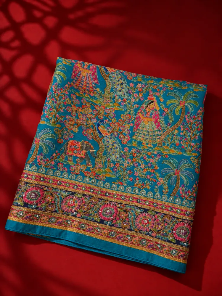 Teal Blue Art Silk Saree-4