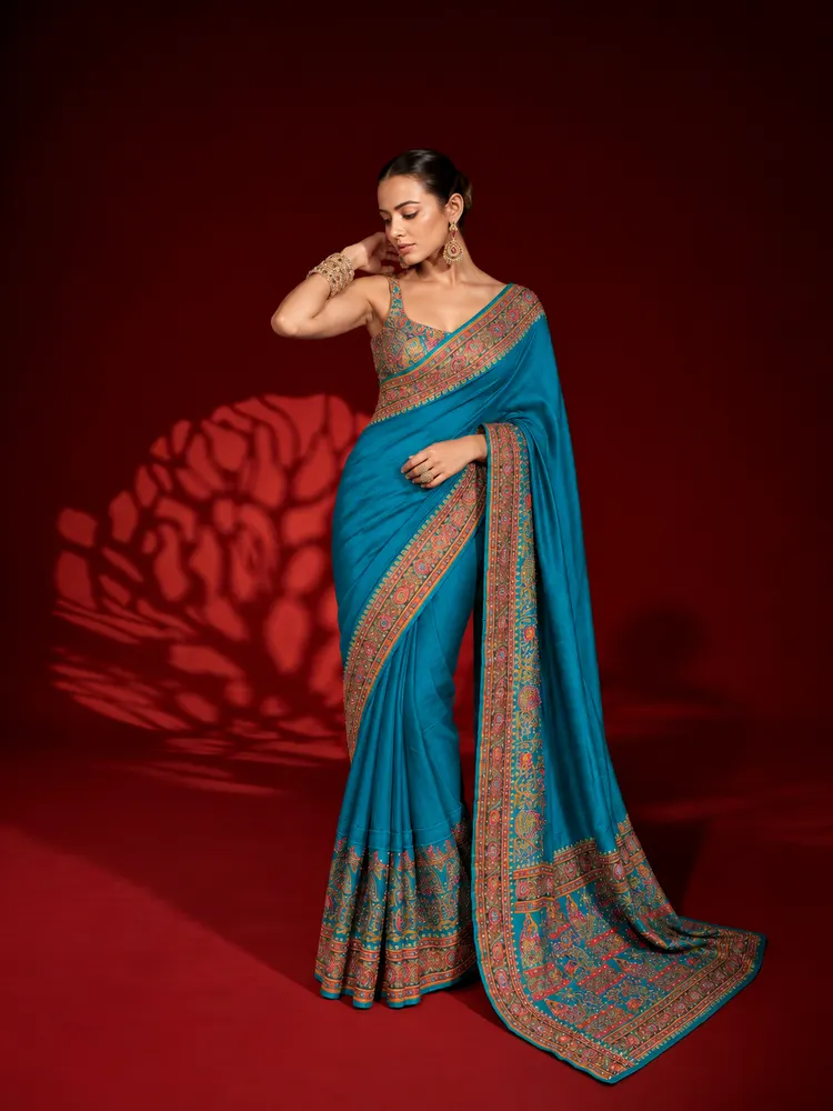 Teal Blue Art Silk Saree-0