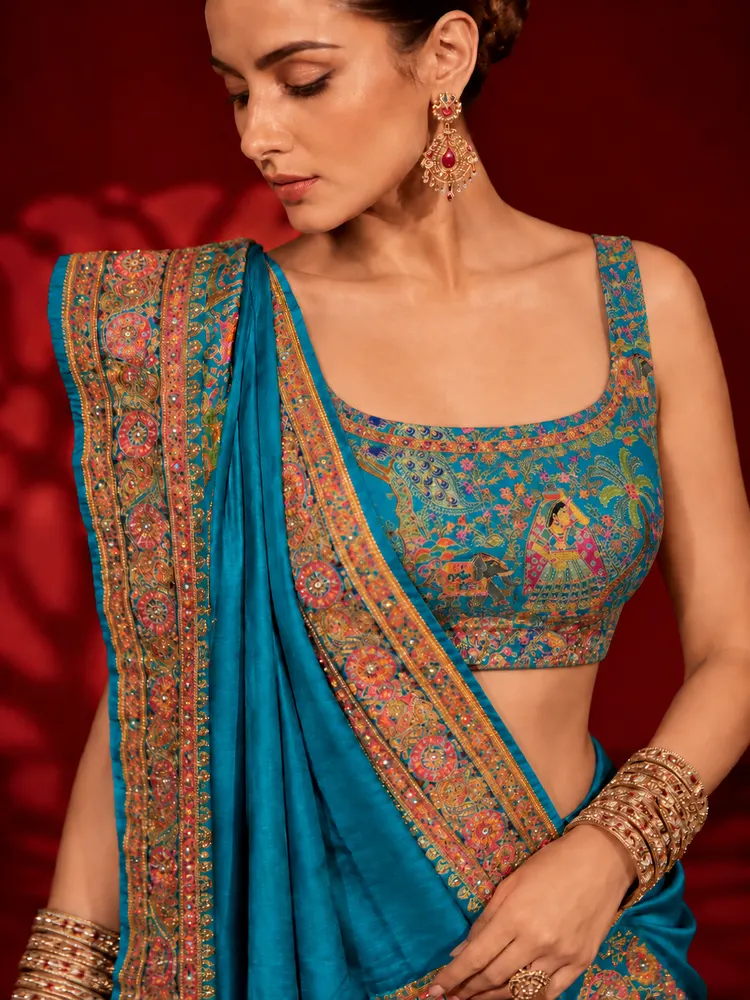 Teal Blue Art Silk Saree-1