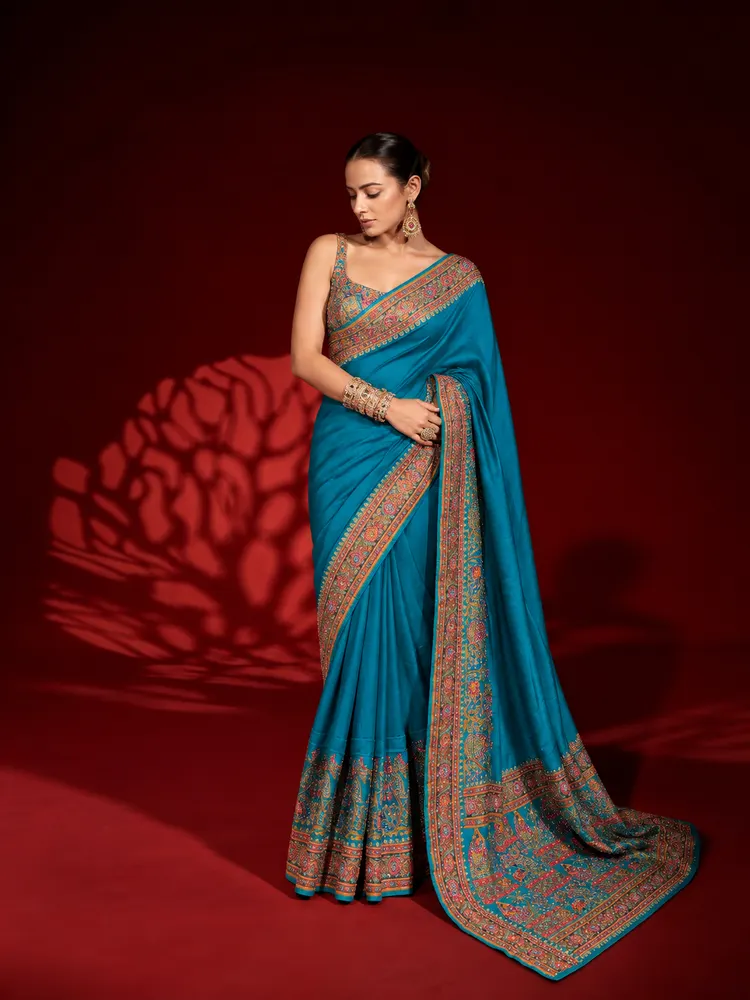 Teal Blue Art Silk Saree-3