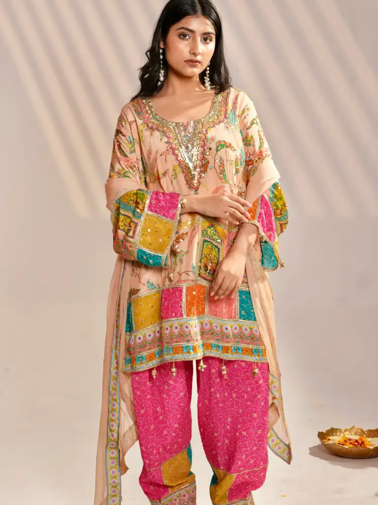 Embroidered Kurta Farshi Salwar Set with Dupatta thumbnail 4