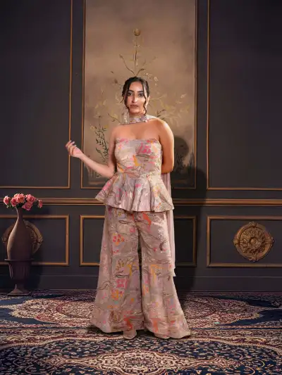 BLUSH PINK PRINTED PEPLUM CO-ORD SET PALAZZO PANT WITH DUPATTA - 1