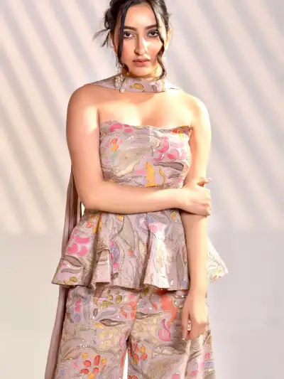 BLUSH PINK PRINTED PEPLUM CO-ORD SET PALAZZO PANT WITH DUPATTA - 2