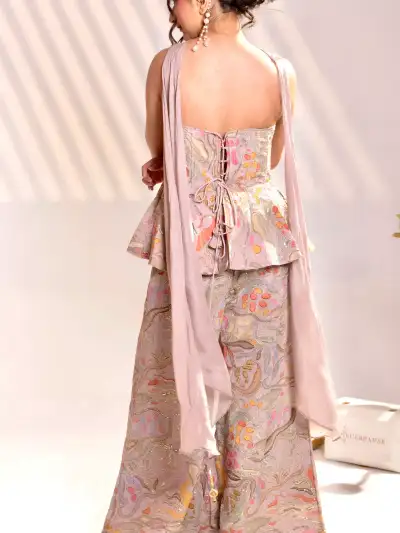 Blush Pink Printed Peplum Co-ord Set Palazzo Pant with Dupatta - 4