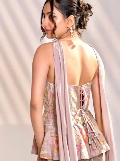 Blush Pink Printed Peplum Co-ord Set Palazzo Pant with Dupatta - 5