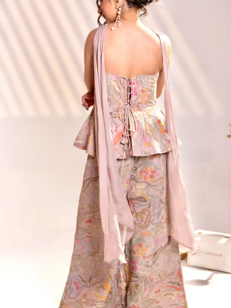 Blush Pink Printed Peplum Co-ord Set Palazzo Pant with Dupatta thumbnail 4