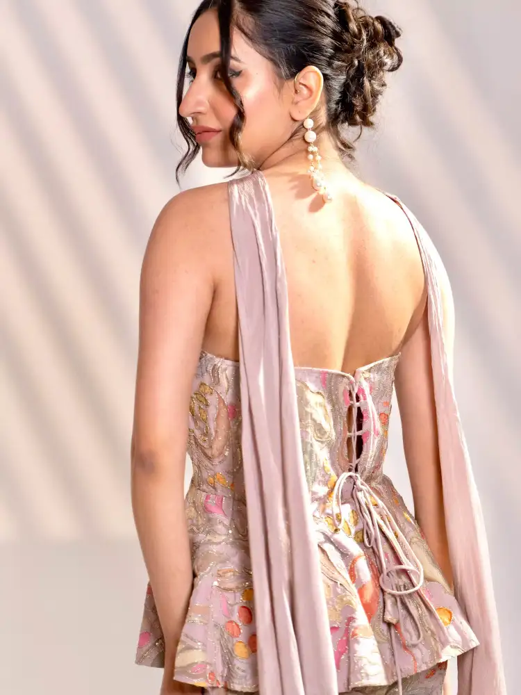 Blush Pink Printed Peplum Co-ord Set Palazzo Pant with Dupatta thumbnail 5