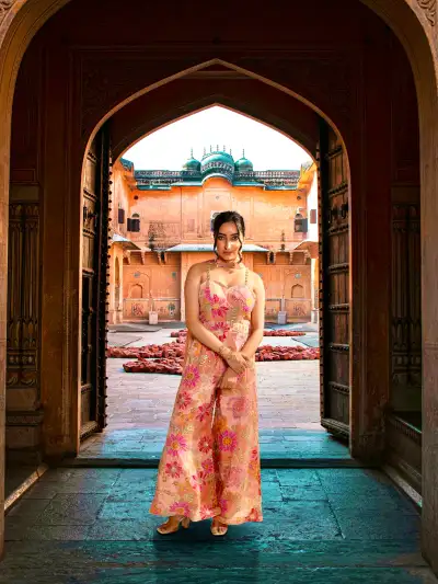 PEACH FLORAL EMBROIDERED INDO-WESTERN JUMPSUIT WITH DUPATTA - 1