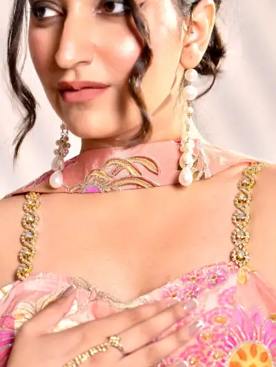 Peach Floral Embroidered Indo-Western Jumpsuit with Dupatta - 3