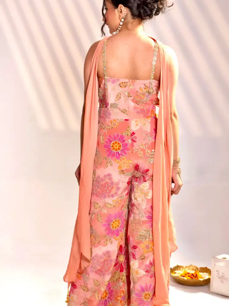 Peach Floral Embroidered Indo-Western Jumpsuit with Dupatta thumbnail 4