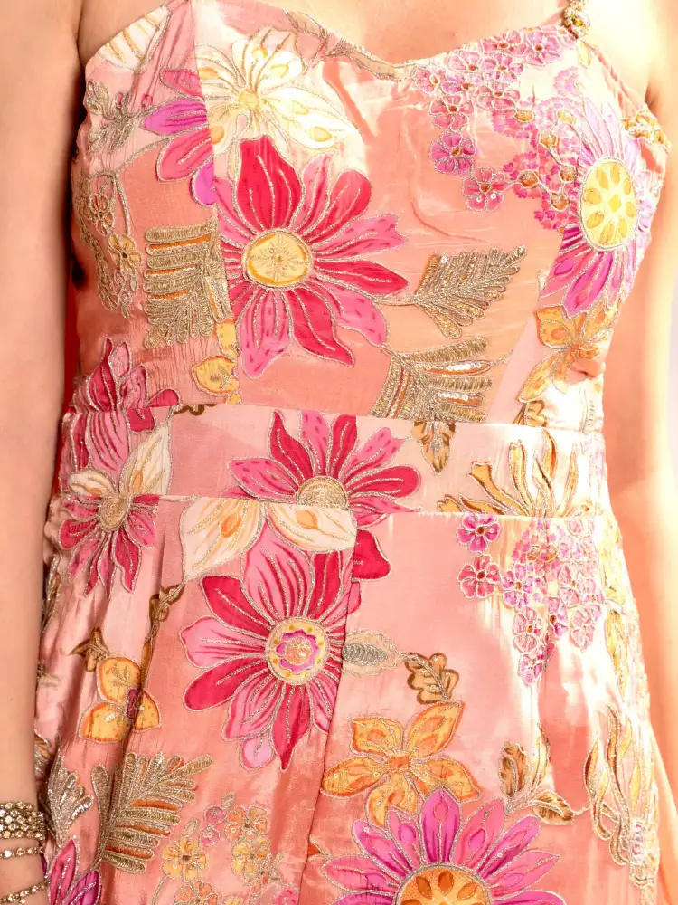 Peach Floral Embroidered Indo-Western Jumpsuit with Dupatta thumbnail 5