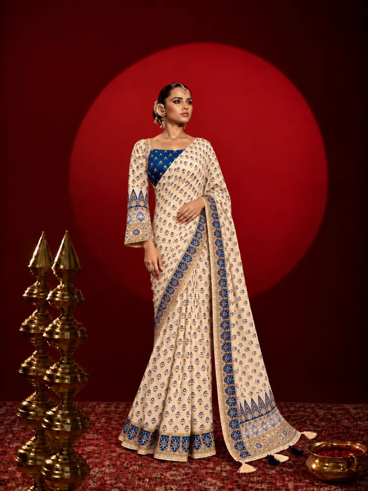 Ivory Printed Chinon Saree-0