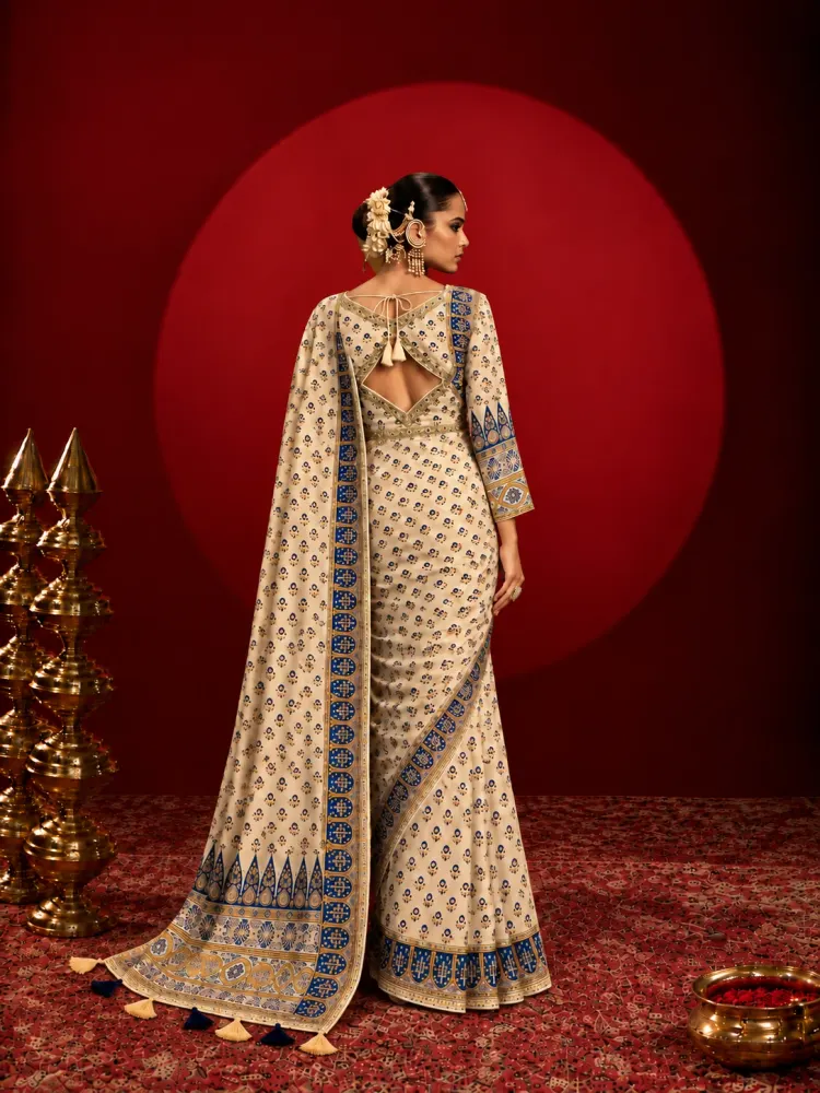 Ivory Printed Chinon Saree-0
