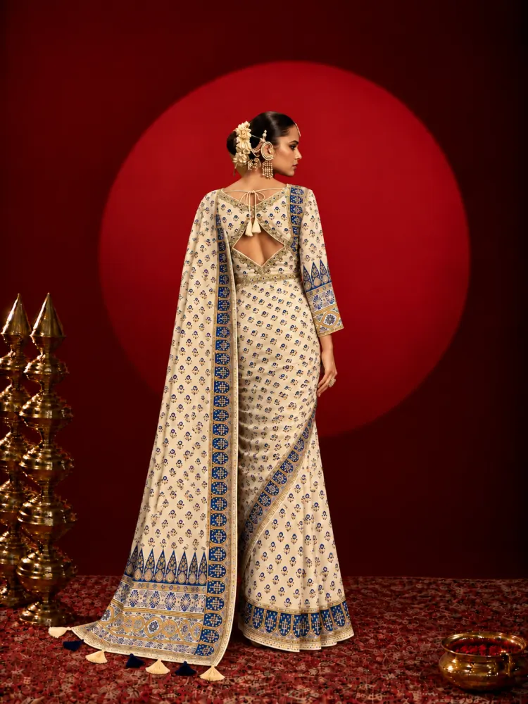 Ivory Printed Chinon Saree-1