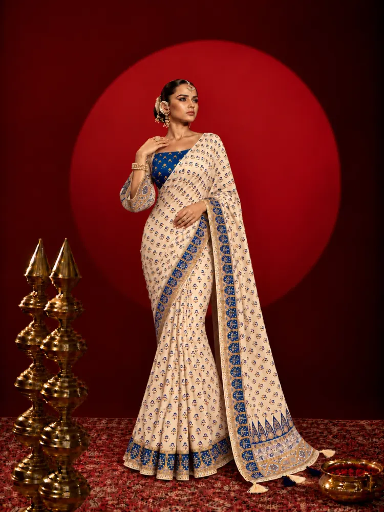 Ivory Printed Chinon Saree-2
