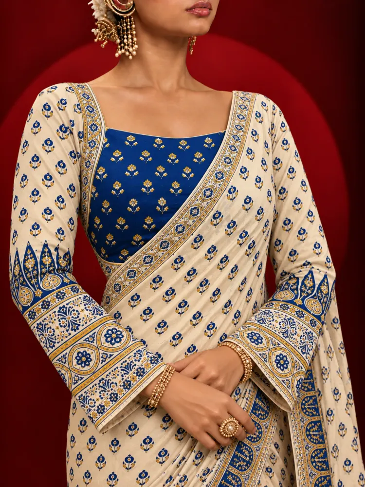 Ivory Printed Chinon Saree-2