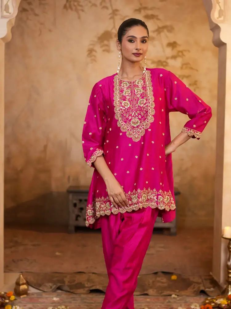 Rani Pink Silk Blend Kurta with Tulip Pant and Dupatta - View 1