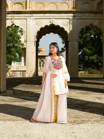 Ivory Embroidered A line Kurta Sharara Set with Dupatta - 1