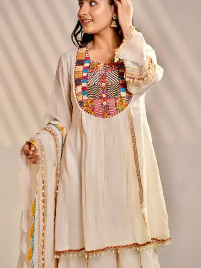 Ivory Embroidered A line Kurta Sharara Set with Dupatta - 2