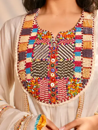 Ivory Embroidered A line Kurta Sharara Set with Dupatta - 3