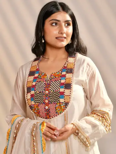 Ivory Embroidered A line Kurta Sharara Set with Dupatta - 5