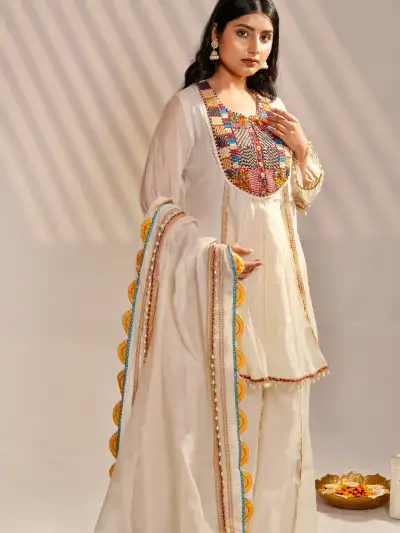 Ivory Embroidered A line Kurta Sharara Set with Dupatta - 6
