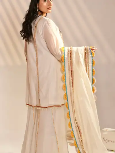 Ivory Embroidered A line Kurta Sharara Set with Dupatta - 8