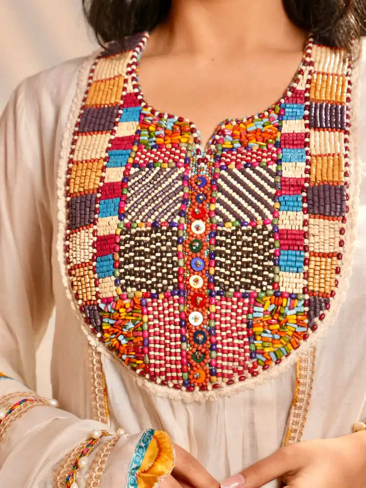 Ivory Embroidered A line Kurta Sharara Set with Dupatta thumbnail 3