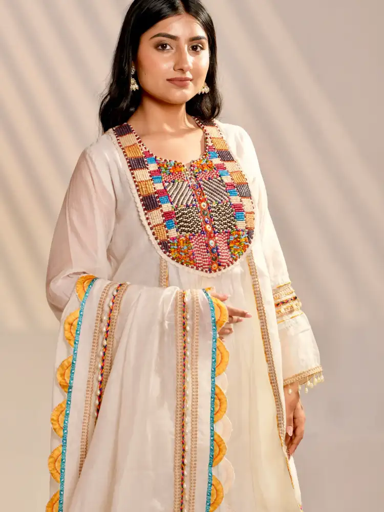 Ivory Embroidered A line Kurta Sharara Set with Dupatta thumbnail 4