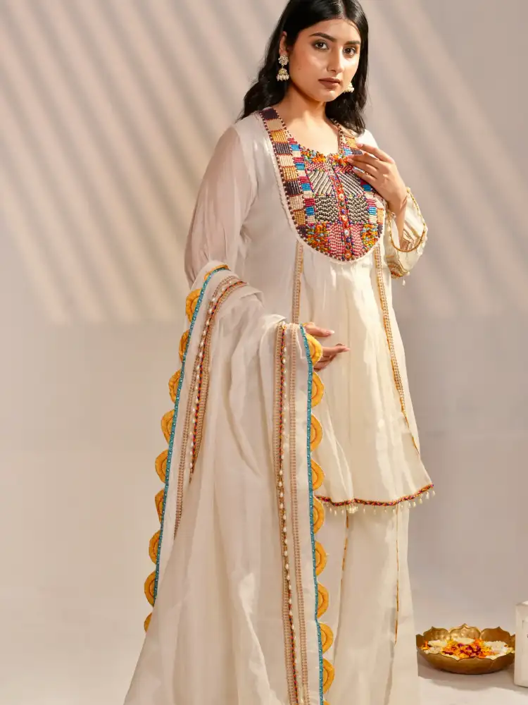 Ivory Embroidered A line Kurta Sharara Set with Dupatta thumbnail 6