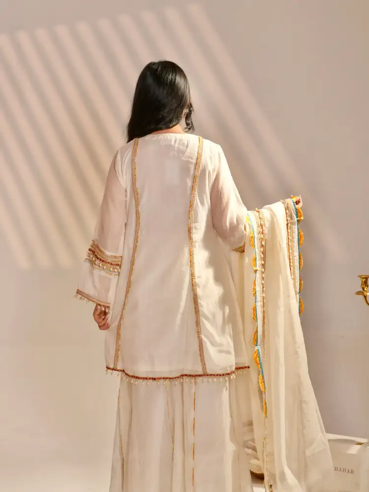 Ivory Embroidered A line Kurta Sharara Set with Dupatta thumbnail 7