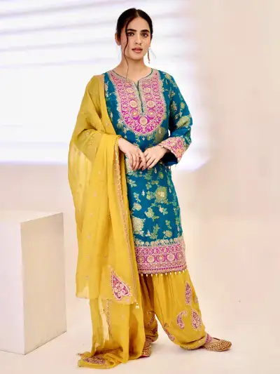 TEAL BLUE EMBROIDERED KURTI WITH PATIALA SALWAR SET - 1