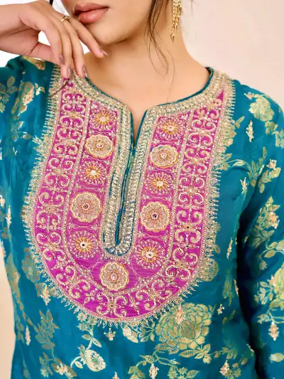 Teal Blue Embroidered Kurti with Patiala Salwar Set - 4