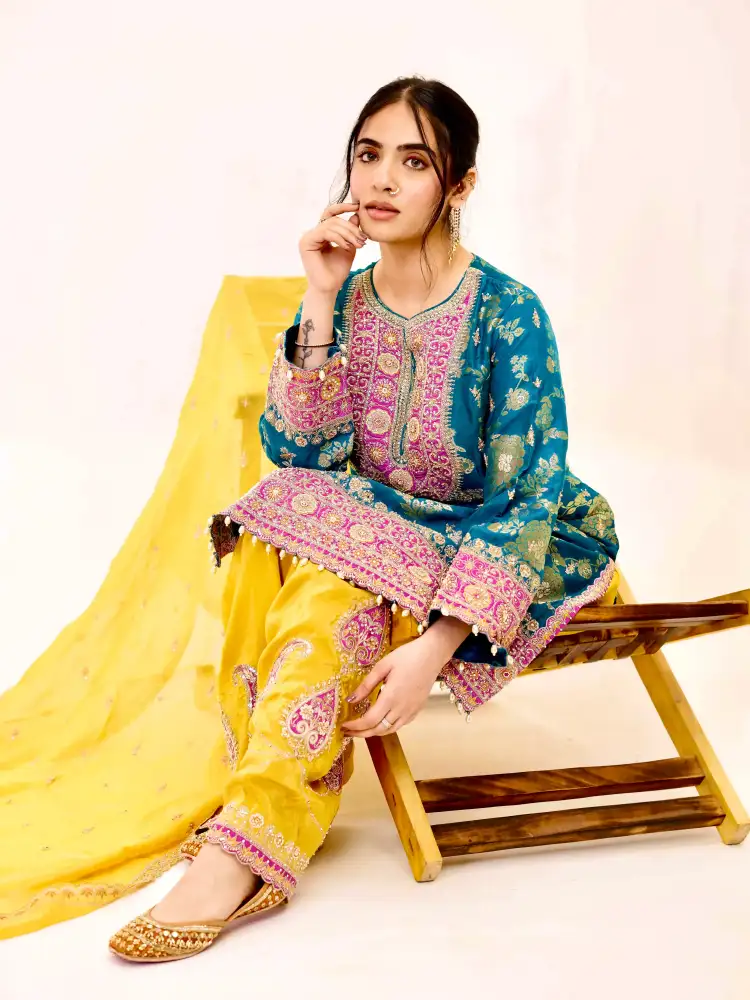 Teal Blue Embroidered Kurti with Patiala Salwar Set - Image 2